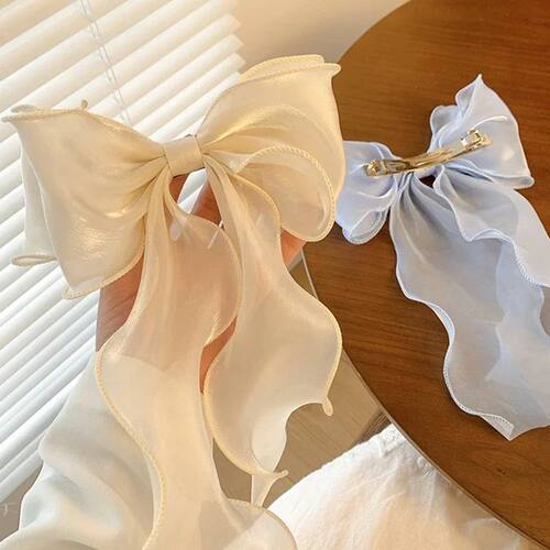 Sweet Chiffon Bow Hair Clips Girls Blue Shining Satin Bowkno