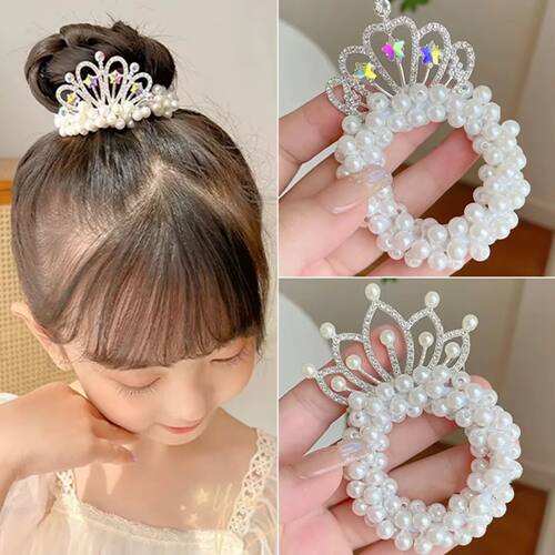 2PC Fashion Pearl Crown Princess Hair Bands Elastic Rubber B