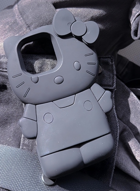 日韩全黑皮KT猫iPhone16promax手机壳软硅胶适用苹果17Air卡通可爱超萌15P小众创意ins风i13恶搞怪闺蜜礼物12