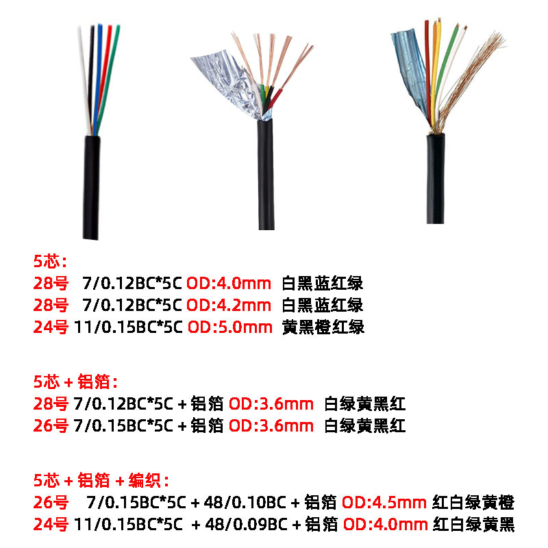2464五芯屏蔽线24/26/28AWG护套线铝箔带编织信号线5芯电子线