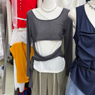 复古撞色假两件不规则绑带T恤