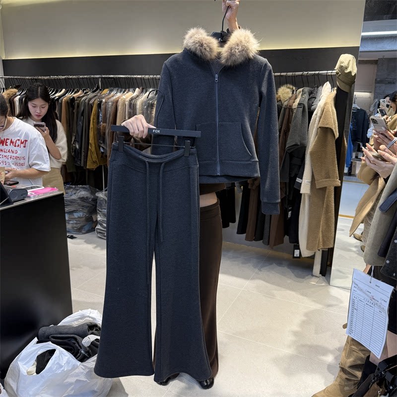 秋冬毛领卫衣高腰阔腿裤两件套女