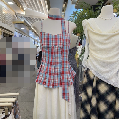 复古格纹挂脖系带显瘦吊带背心