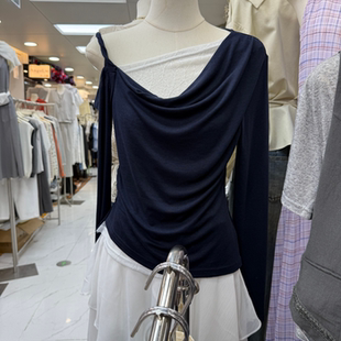 荡领T恤k26157w89 一字肩蕾丝拼接长袖 十三行拿货2026春新款 韩版