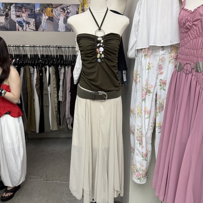 韩版挂脖褶皱抹胸背心上衣半身裙