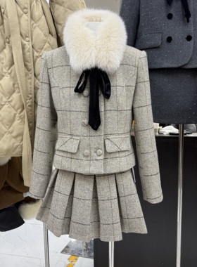 十三行现货2025冬新款韩版小香风外套羽绒服百褶裙套装k68870w489