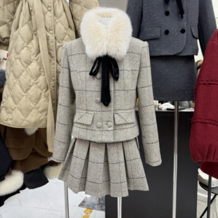 十三行现货2025冬新款韩版小香风外套羽绒服百褶裙套装k68870w489