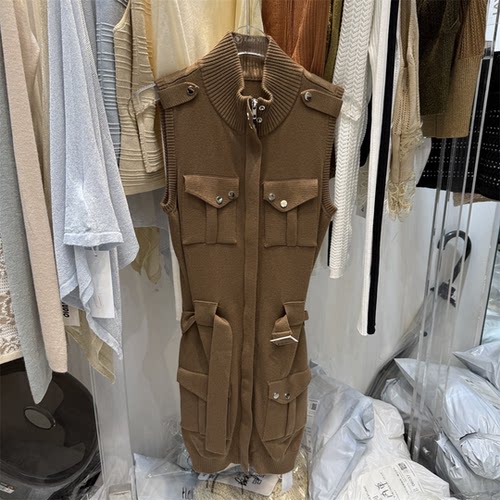 韩版立领绑带工装风拉链针织裙