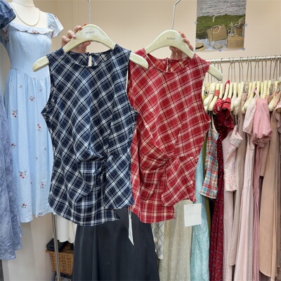 减龄不规则显瘦格纹无袖上衣女