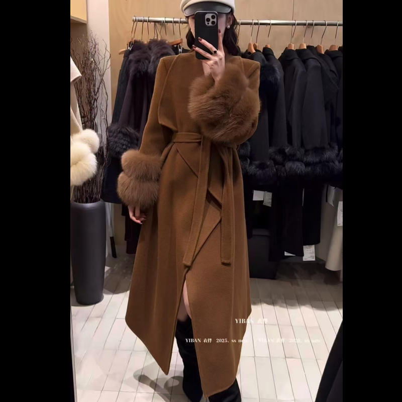 韩版时尚长款大翻领双面羊毛大衣