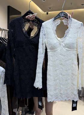 十三行现货2025冬季新款韩版大V领镂空加绒蕾丝连衣裙k68703w176