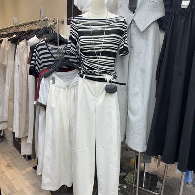 时尚条纹短袖上衣+纯色阔腿裤