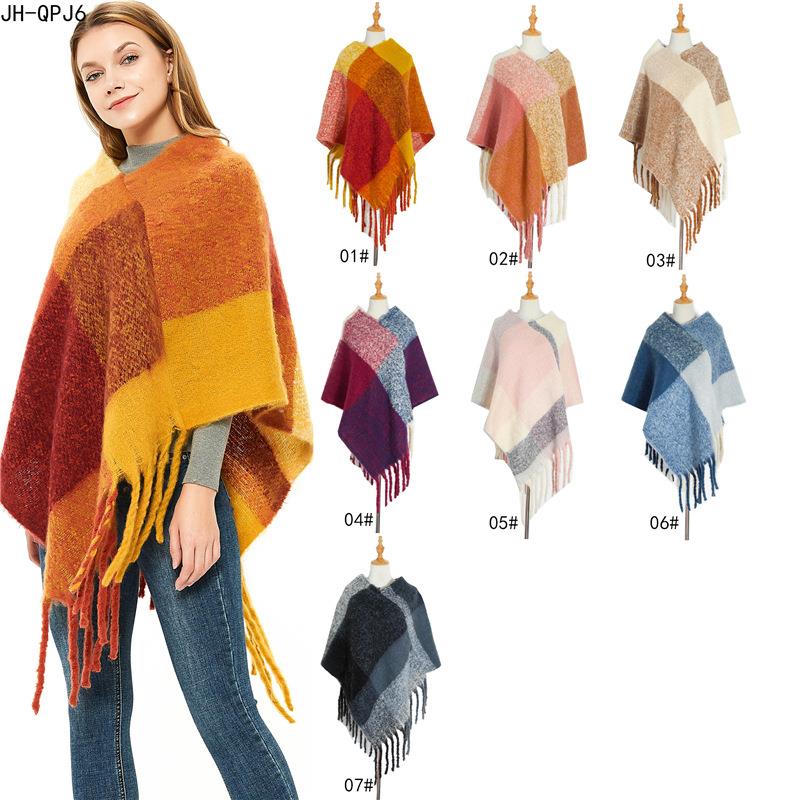 Women Fashion Shawl Thick Tassel Loop Yarn Large Plaid Cloak