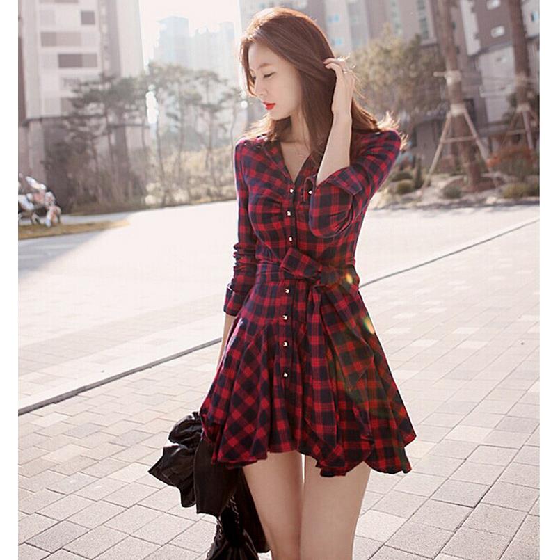 Summer Dress 2016 Retro Women Red Plaid Shirt Casual Dresses