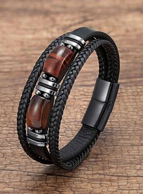 Multi-layer Braided Leather Charm Bracelet Red Blue Tiger Ey