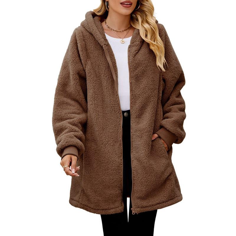 2024 loose plush women's hooded zipper cardigan jacket