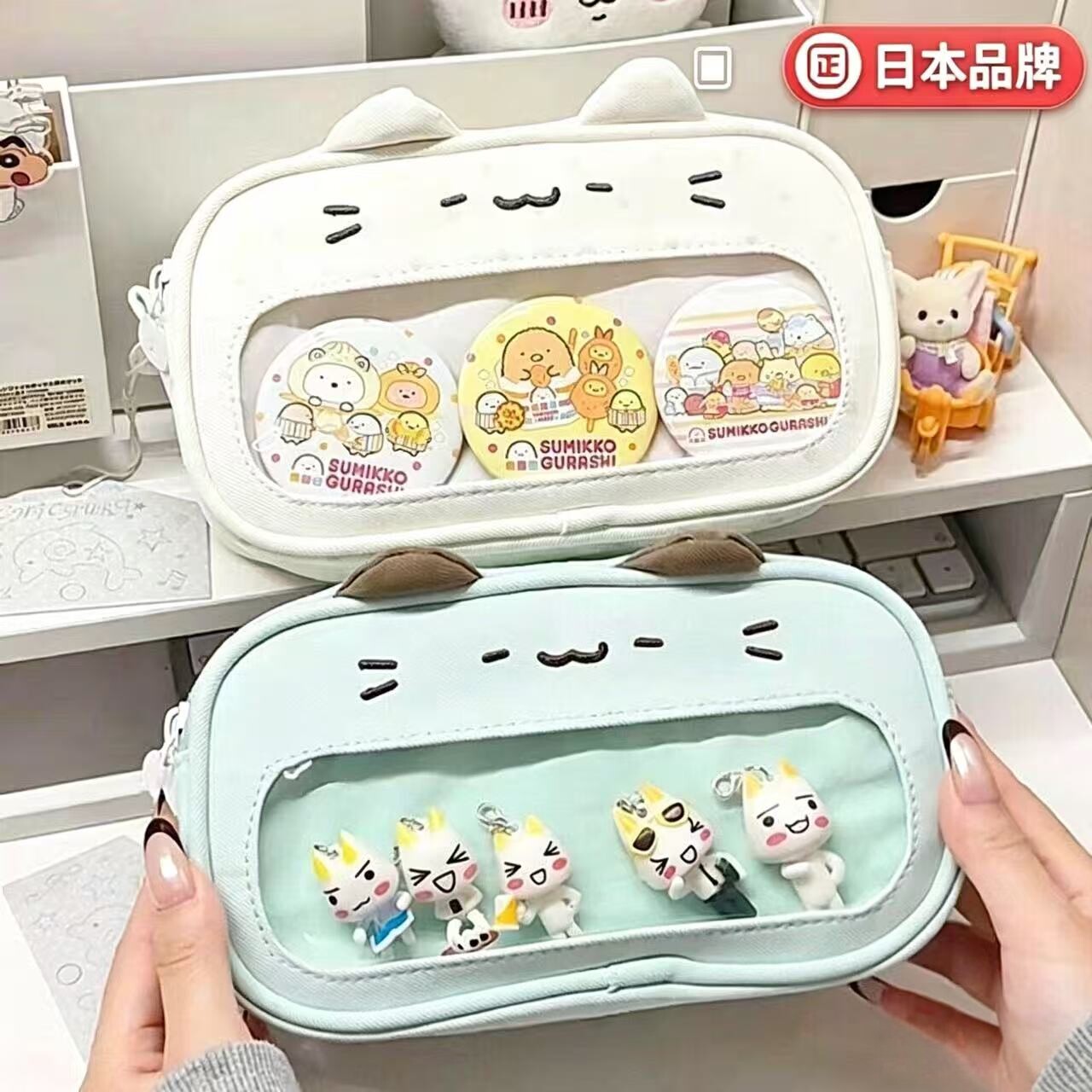 日本可爱猫咪痛包笔袋透明开窗可放徽章挂件大容量学生文具收纳包