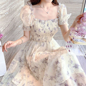 2026夏季法式水墨画泡泡袖收腰显瘦气质淑女碎花雪纺连衣裙子