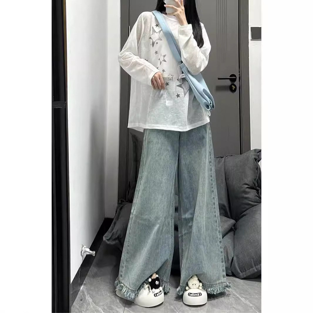 美式复古流苏牛仔裤女高腰垂感拖地裤Y2K辣妹显瘦宽松阔腿长裤