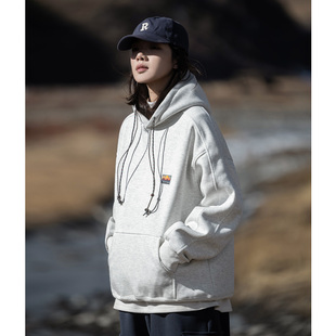 Mountain valley日系简约加绒绣标连帽卫衣潮牌宽松情侣休闲外套