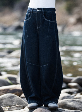 MountainValley春季原色美式复古走线宽松弯刀牛仔裤休闲裤男女