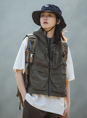 Mountain valley23SS户外机能立体口袋露营钓鱼连帽马甲男女马夹