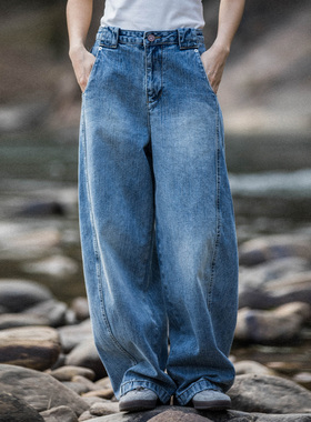 MountainValley春季美式竹节立裁弯刀牛仔裤宽松直筒阔腿休闲裤女