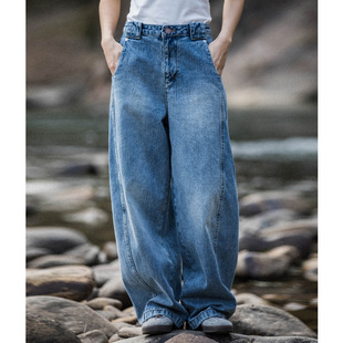 宽松直筒阔腿休闲裤 竹节立裁弯刀牛仔裤 女 美式 MountainValley春季