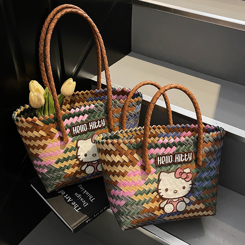 hellokitty夏季菜篮子编织包包女2025新款大容量藤编手提包小拎包
