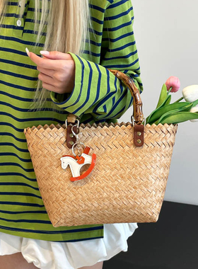 法式藤编竹节手提包菜篮子编织包女2026新款海边度假沙滩包草编包