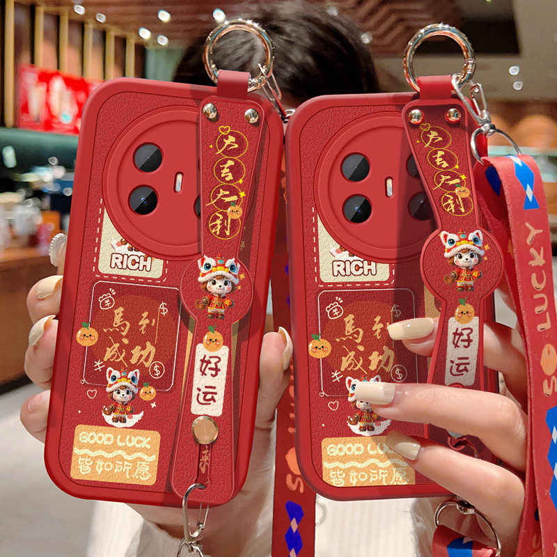适用华为Mate70Air手机壳防摔SUP-AL90马到成功卡通保护套mate70air斜挎挂绳腕带小羊皮软胶全包边红色新年款