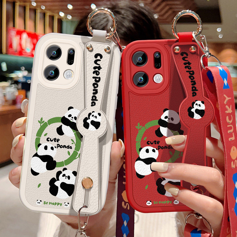 适用oppofindx9手机壳Find X9Pro卡通熊猫保护套OPPO可斜挎腕带FindX9硅胶防摔小羊皮软壳全包边背带挂绳新款