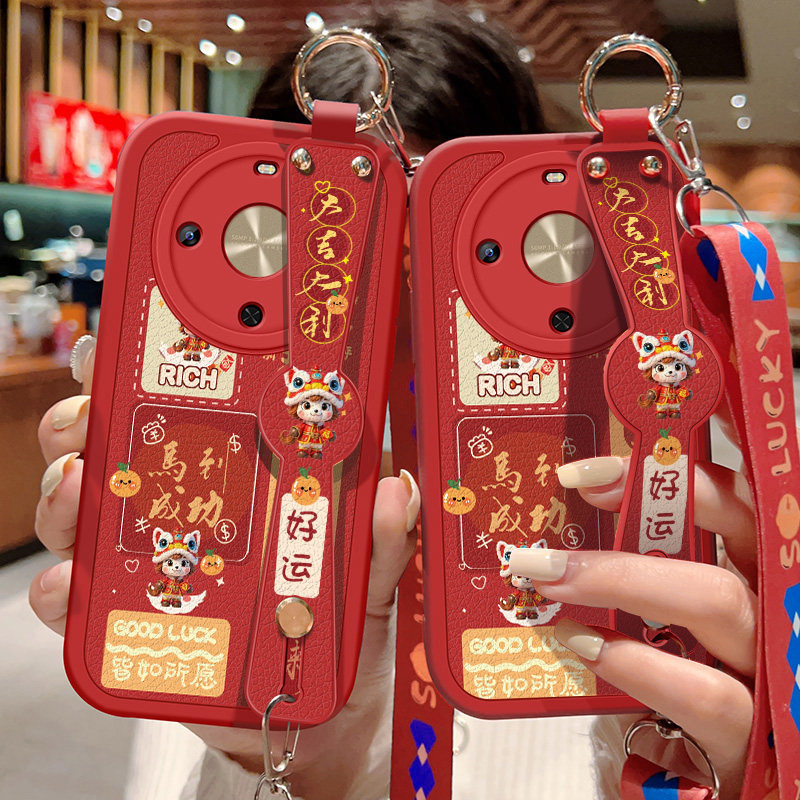 适用华为畅享70X尊享版手机壳防摔畅享70X活力版马到成功卡通保护套斜挎挂绳腕带小羊皮软胶全包边红色新年款
