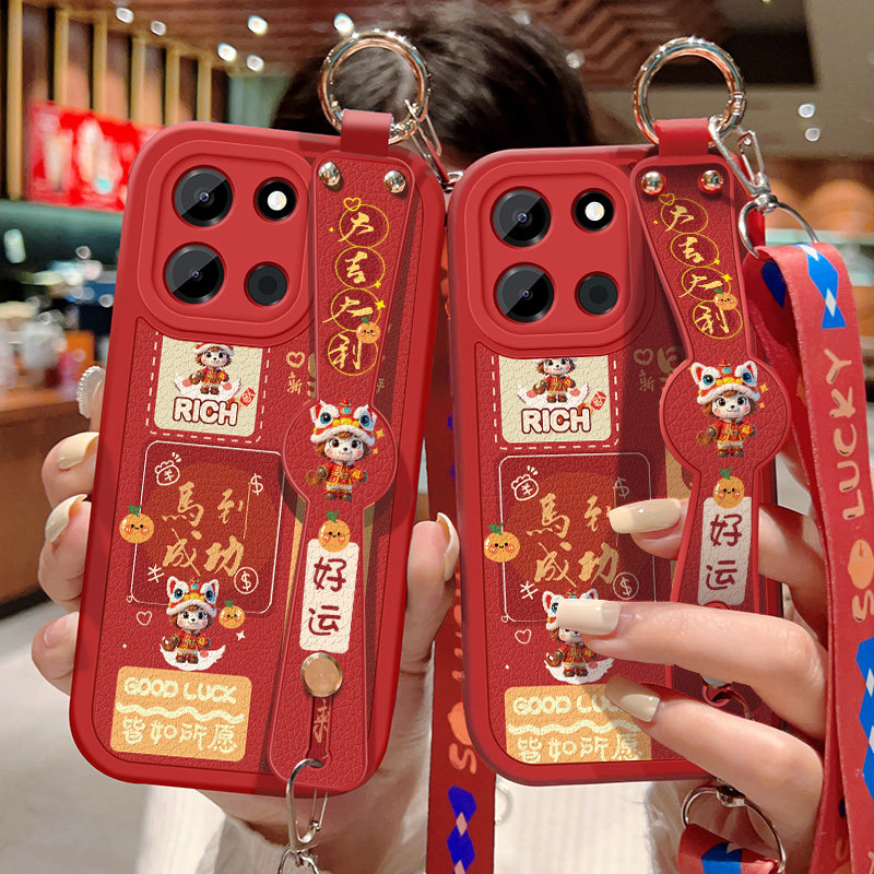 适用于一加Turbo6手机壳防摔OnePlus马到成功卡通保护套1+Turbo6V可斜挎挂绳腕带小羊皮软胶全包边红色新年款