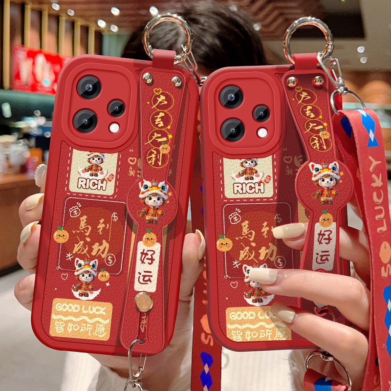 适用opporeno15c手机壳防摔Reno15C马到成功卡通保护套OPPO斜挎挂绳Reno15c腕带小羊皮软胶全包边红色新年款