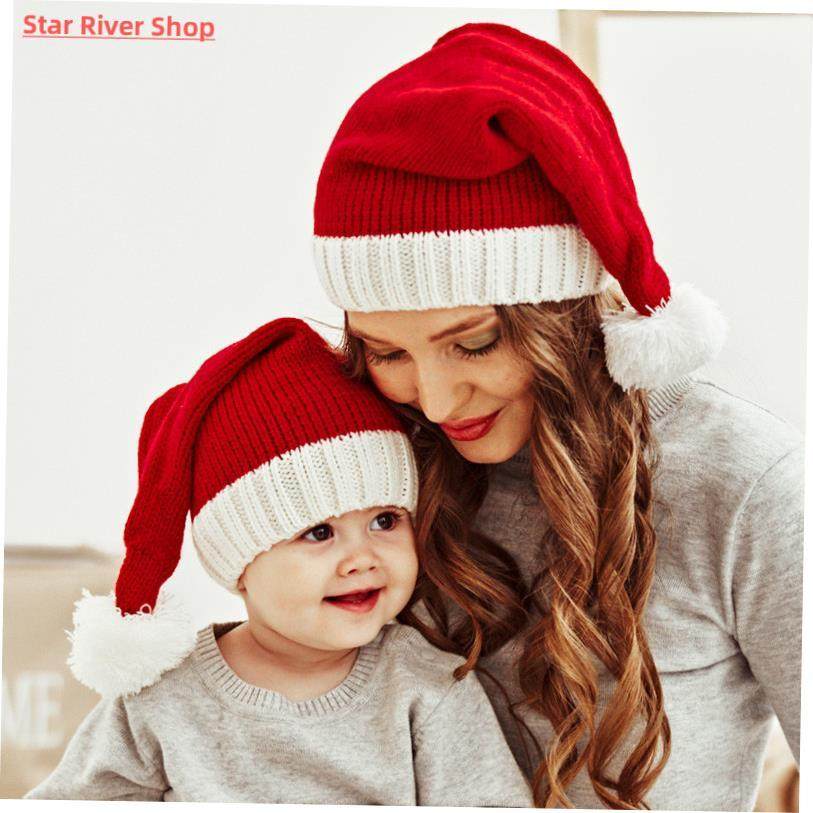 2022 Knitted Christmas Hat Cute Pompom Adult Child Soft Bean