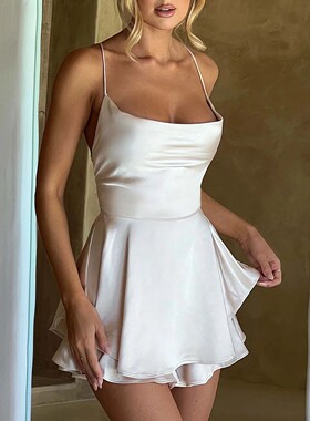 Satin Silk Women Sexy Cami Playsuits Dress Solid Cowl Neck S