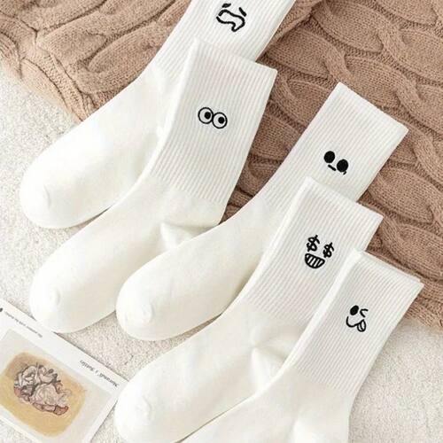 5 Pairs of White Emoji Socks, Super Soft, with Fun Patterns,