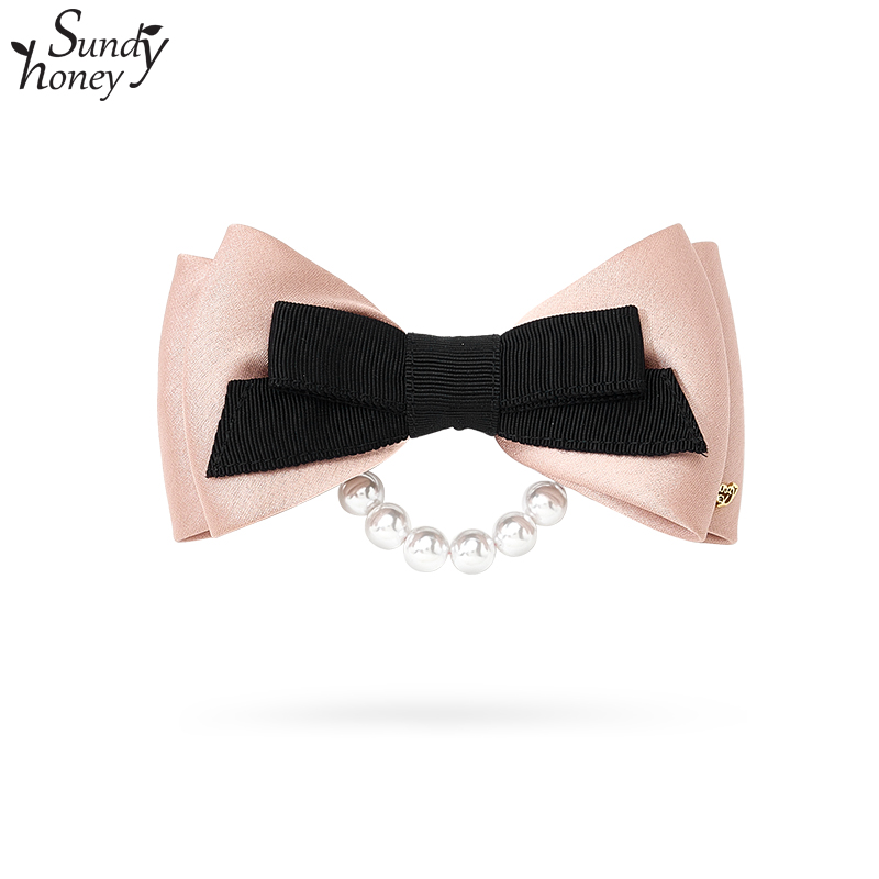 Sundyhoney法式赫本风粉黑撞色蝴蝶结发夹小众高级感后脑勺发饰