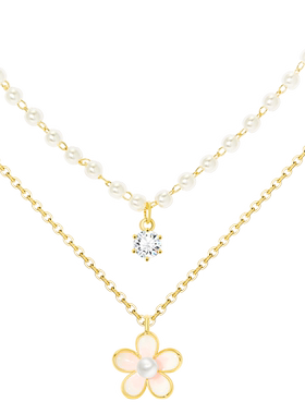 SundyHoney花朵珍珠项链双链甜酷