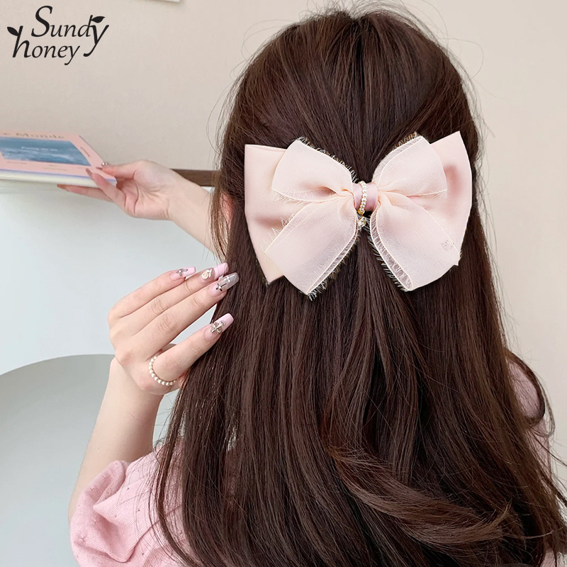 Sundyhoney蝴蝶结弹簧夹网纱珍珠