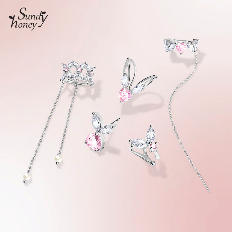 SundyHoney设计师款桃花兔耳夹少女心耳夹盘无耳洞高级感女耳饰品