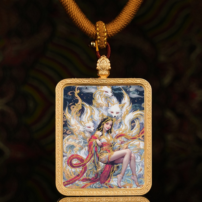 藏式九尾狐仙唐卡双面五爷吊坠