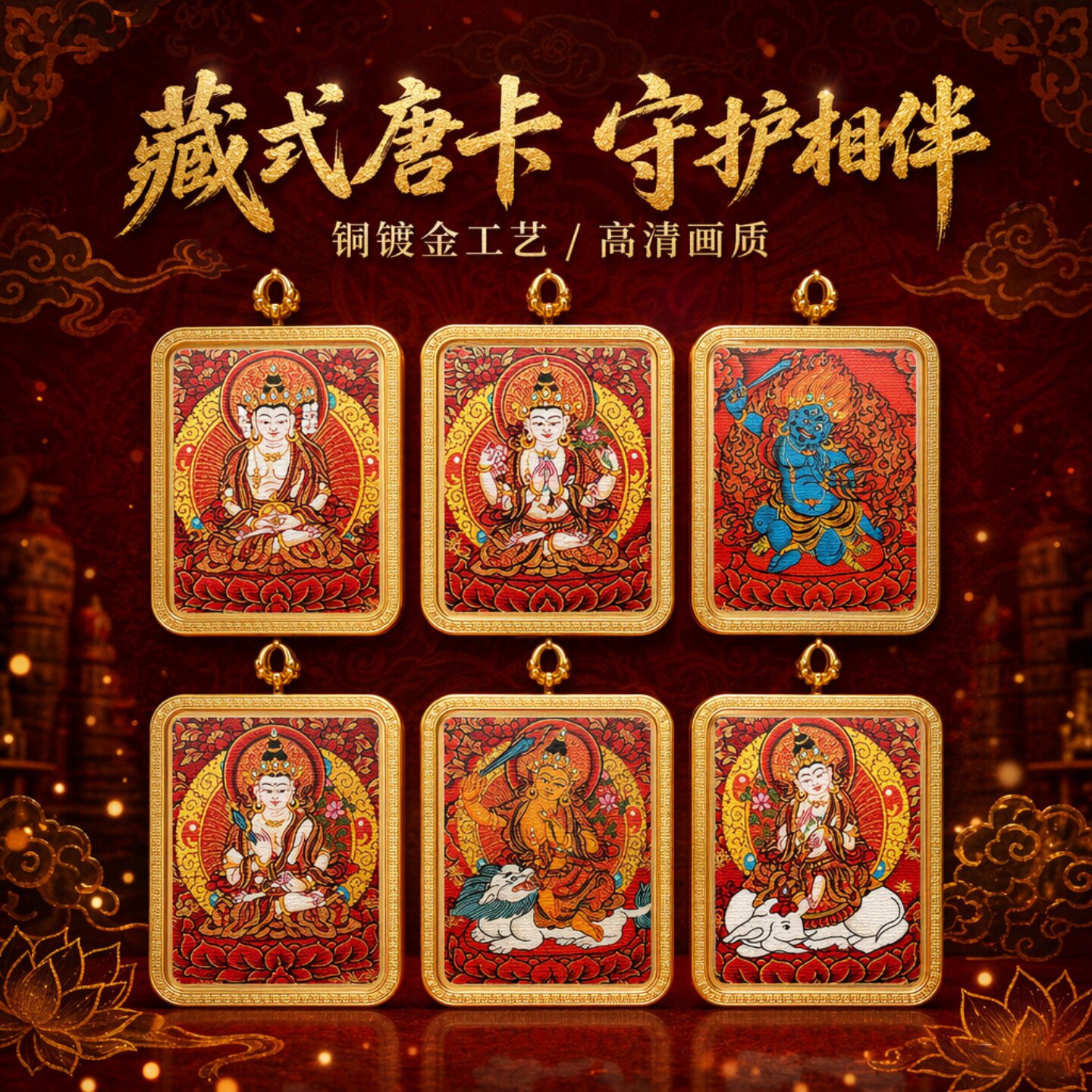 藏式铜镀金唐卡招财吊坠项链