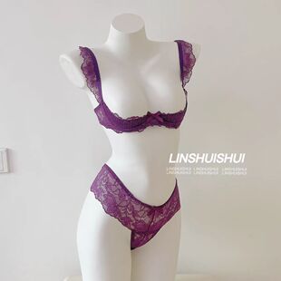 性感紫色四分之一半杯内衣女小胸露胸托聚拢奶罩文胸套装