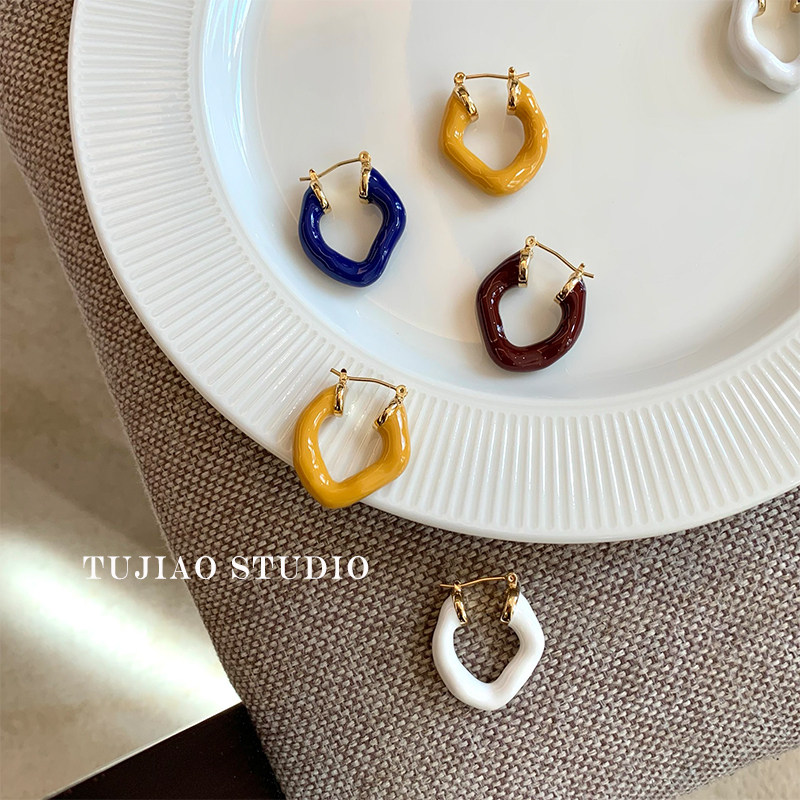 tujiao 彩色珐琅圆圈韩国时髦ins高级感lisa同款气质耳扣耳圈耳环