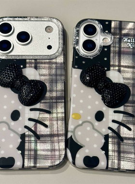 灰色格纹半边KT猫适用iPhone17Promax手机壳立体闪钻蝴蝶结苹果16ProMax秋冬款13可爱15pro防摔保护壳14ProMx