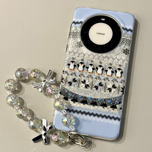 少女心ins费尔岛闪粉雪花小企鹅适用华为mate7pro+手机壳mate60pro链条双层冬日新款Pura70pro防摔50保护壳40