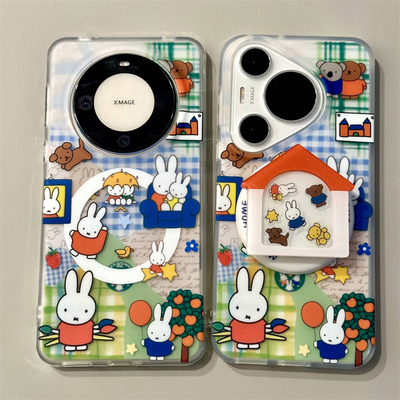 日韩is风卡通米菲兔房子磁吸壳适用华为mate60pro手机壳磁吸摇摇乐支架Pura70pro可爱兔子硬壳P70+防摔保护壳