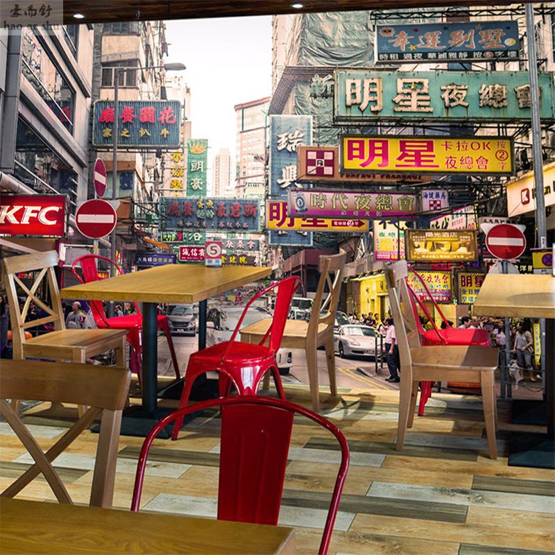 老香港建筑街景招牌墙纸冷饮奶茶店怀旧壁画3d立体港式茶餐厅壁纸